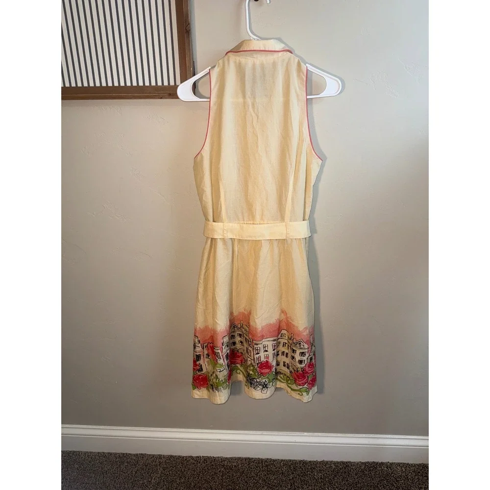 Sangria Yellow Cotton Belted Shirt Dress Paris Border Print Rose Houses - Picture 4 of 7